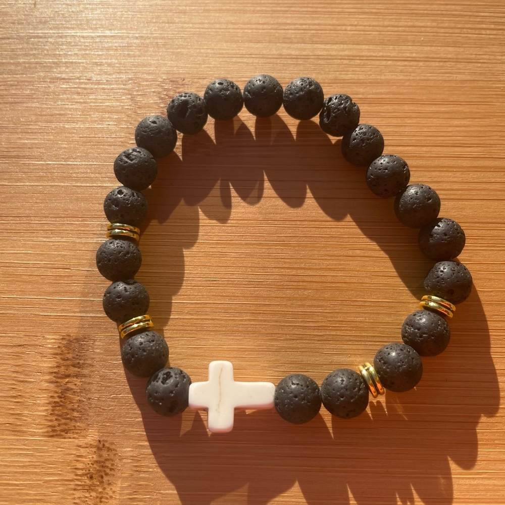 Black Lava Stone White Stone Washed Cross Bracelet